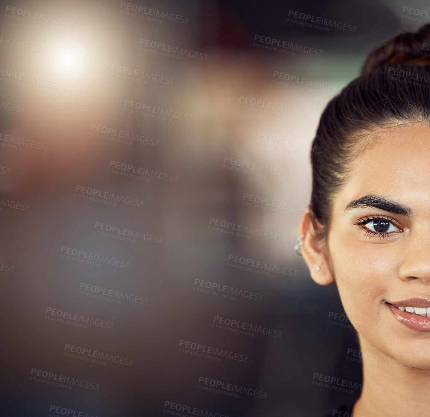 Buy stock photo Skincare, skin and face portrait of a woman or model with facial beauty, wellness and skincare with copyspace. Closeup of a eye, smile and happy girl after luxury spa makeup looking at the camera.