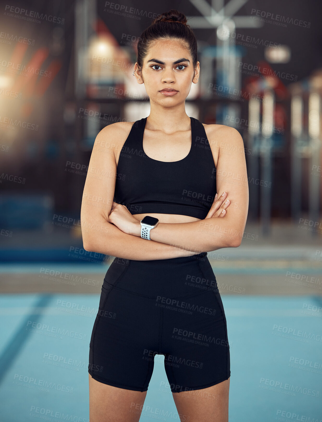 Buy stock photo Portrait of fitness, exercise and workout woman in sport training for health and fit body in a gym. Serious, healthy or strong athlete with motivation or wellness before cardio routine in sports club