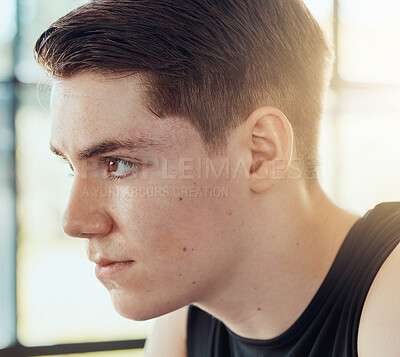 Buy stock photo Thinking man face with motivation and focus in a room alone while focused on goal and determined. Headshot of young person with effort, pride and idea or mental vision to be a success in life 