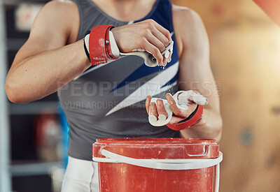 Buy stock photo Hands of gymnastics woman with chalk to work on training, fitness and exercise or workout. Gymnast with grip support help at sports competition event in a gym with motivation, goal and winner mindset