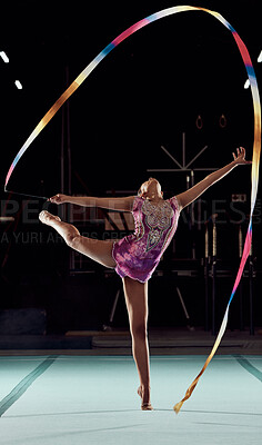 Buy stock photo Ribbon gymnastics, exercise and sports girl performing a routine in a professional gym arena. Fitness, flexibility and creative woman training balance, agility and strength for a competition show.
