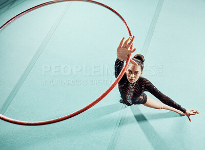 Buy stock photo Fitness, sports and hula hoop stage dancer exercise, workout and training for balance, dancing and pattern movement. Circus, artist and creative young girl serious about craft, gymnastics and talent