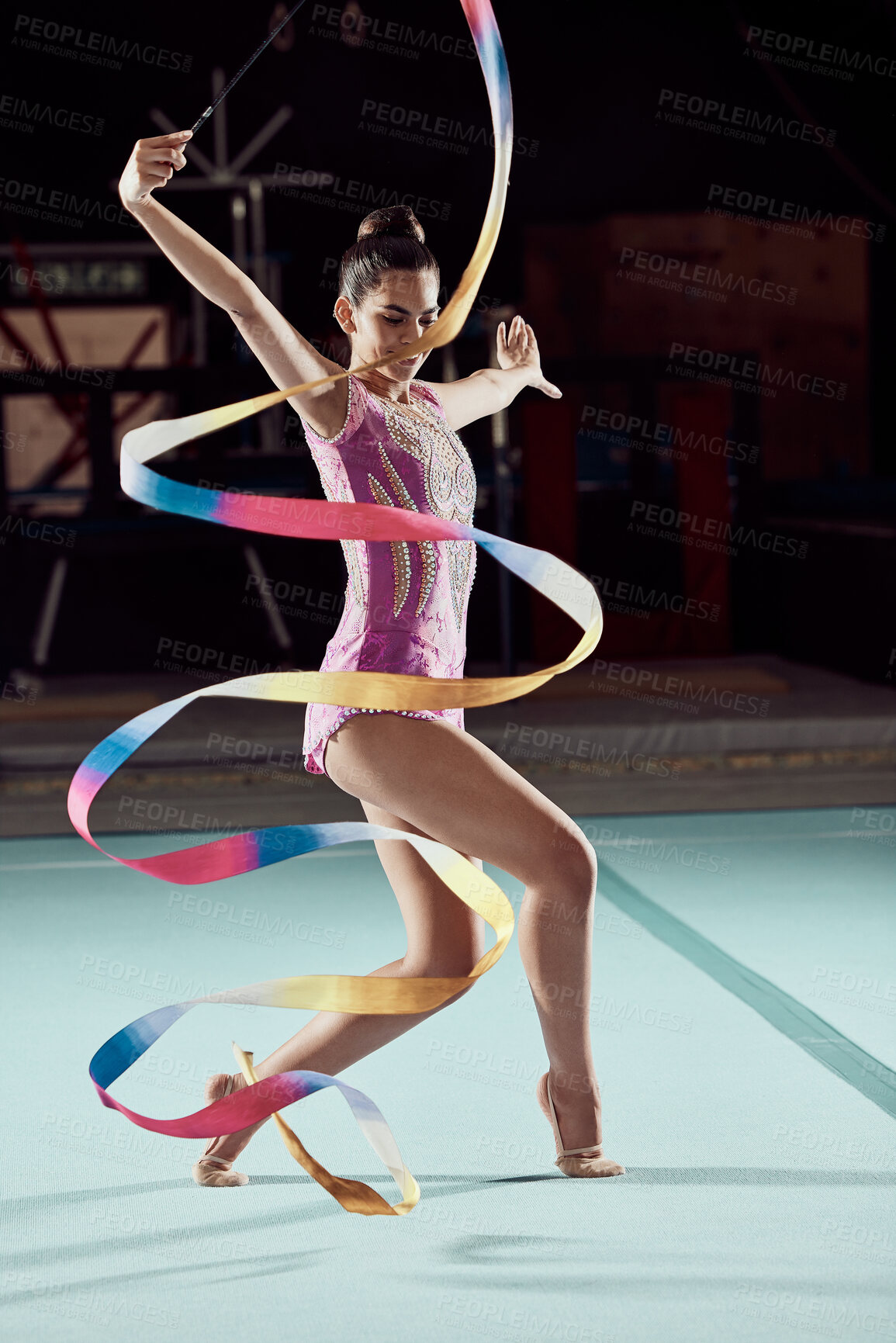 Buy stock photo Creative woman dancing with ribbon in competition at gym, dancer on floor for dance performance and professional sports person in concert. Athlete girl training for event, doing cardio exercise