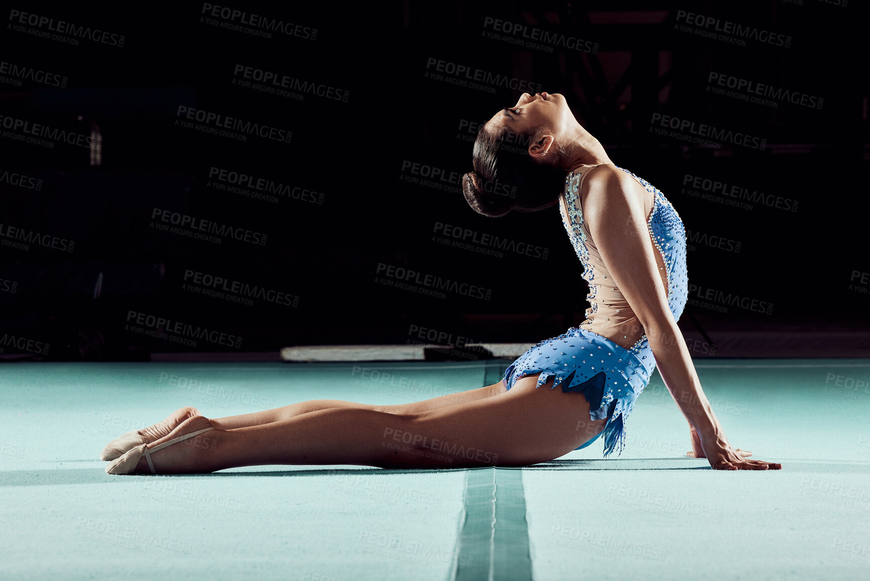 Buy stock photo Fitness, exercise and gymnastics woman stretching in a gym studio for a sports competition. Strong girl athlete training acrobat, balance and agility workout routine for a creative competitive event.