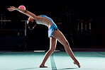 Fitness, wellness and sports woman dance in sport event, training exercise workout or concert in the gym. Wellness, dancer or athlete girl with ball doing creative health performance. 