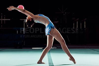 Buy stock photo Fitness, wellness and sports woman dance in sport event, training exercise workout or concert in the gym. Wellness, dancer or athlete girl with ball doing creative health performance. 