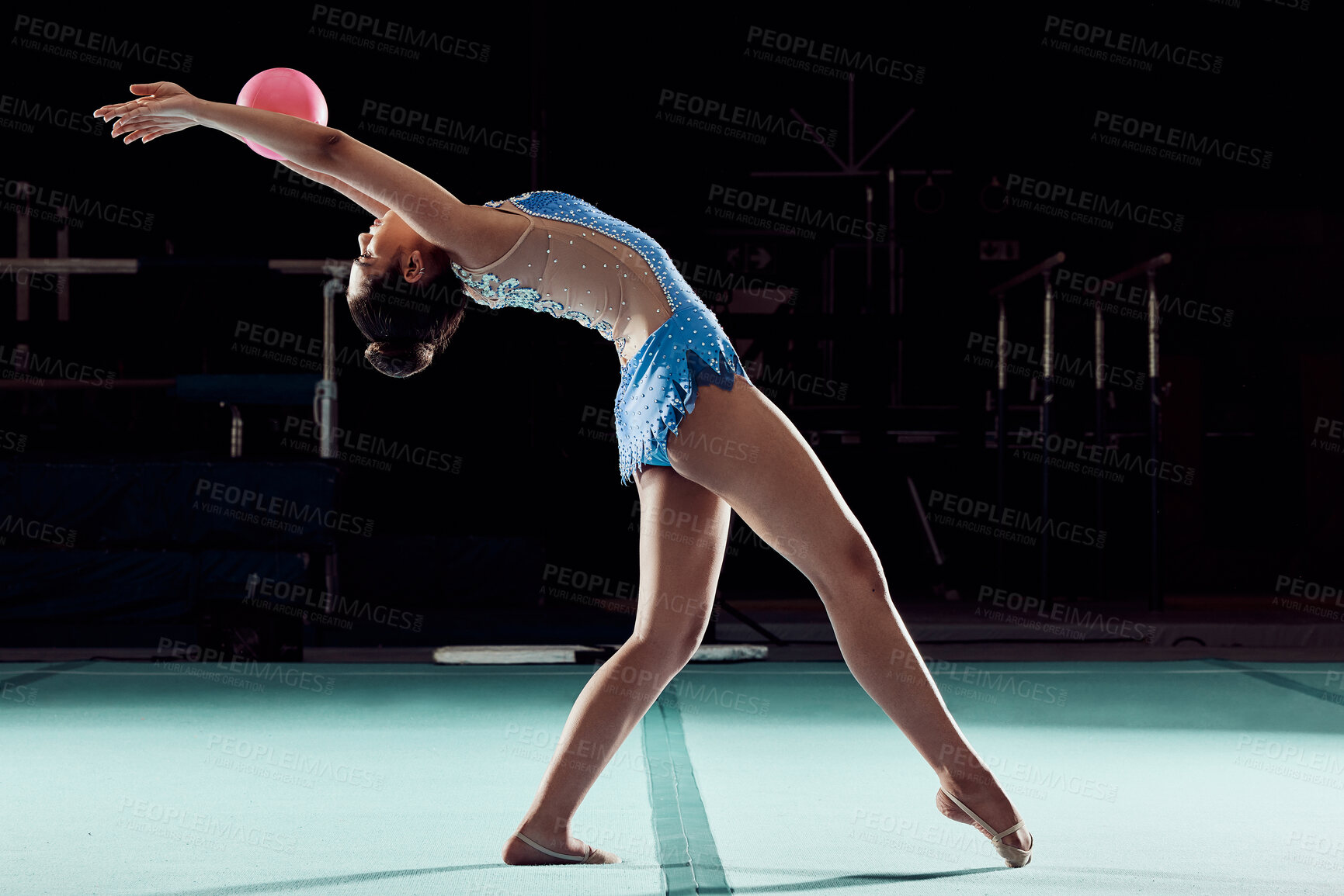 Buy stock photo Fitness, wellness and sports woman dance in sport event, training exercise workout or concert in the gym. Wellness, dancer or athlete girl with ball doing creative health performance. 