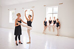 Creative, ballet and dance teacher with ballerina practicing posture in a modern studio. Woman classical dancer training for a theater show. Elegant, fit and flexible student dancing at an art school