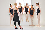 Ballet education school teacher speech to learning students or kids at performance art studio. Woman or coach help and training creative dance exercise to happy and smile academy ballerina team