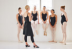 Ballet teacher talk in class with students and conversation in a theater. Ballerina coach and relationship with young dancers in classroom. Classic dance school training and people learning in studio