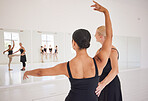 Ballet dancer, mirror and teacher in studio with student for training. Dancer women exercises with discipline and perfect technique. Dance coach looks at ballerina posture and pose in classroom.