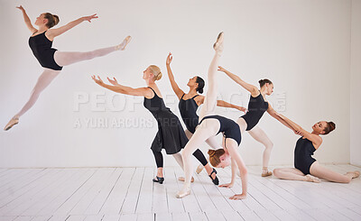 Buy stock photo Ballet training, dance students or studio routine with group diversity of ballerina dancers in jump performance for stage or theatre. Creative theater art or women in beauty or elegant learning class