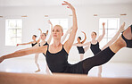 Ballet, fit and creative students training for posture and flexibility in a modern studio. Classical woman dancers practicing for theater. Art, elegant and fit ballerinas dancing at a dance school.