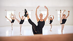 Ballet, elegant and creative students training and learning from a teacher or instructor in a class or art school. Dancers dancing and practicing for a theater performance in a dance studio