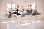 Ballet, dance student and movement of dancing woman in practice, training and performance in studio with CGI special effects. Ballerina art dancer moving with grace and passion across the floor