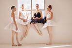 Portrait ballet students, communication or team talking on  gym or studio floor about a competition. Ballerina, academy and school workout or exercise creative dance art, conversation and training


