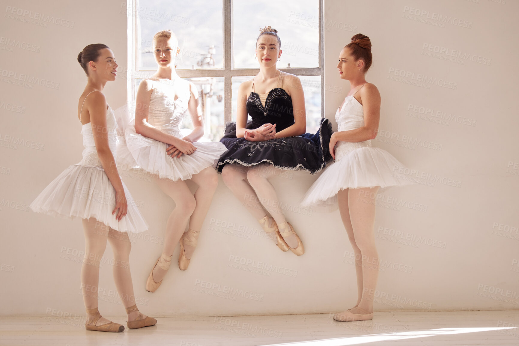 Buy stock photo Ballet students, communication or team talking on gym or studio floor about a competition. Portrait of a ballerina, academy and school workout or creative dance art, conversation and training



