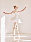 Professional dancer woman in ballet dance studio, art school for performance in class with mockup white background. Young student in art school dancing in a princess fashion design with sunshine