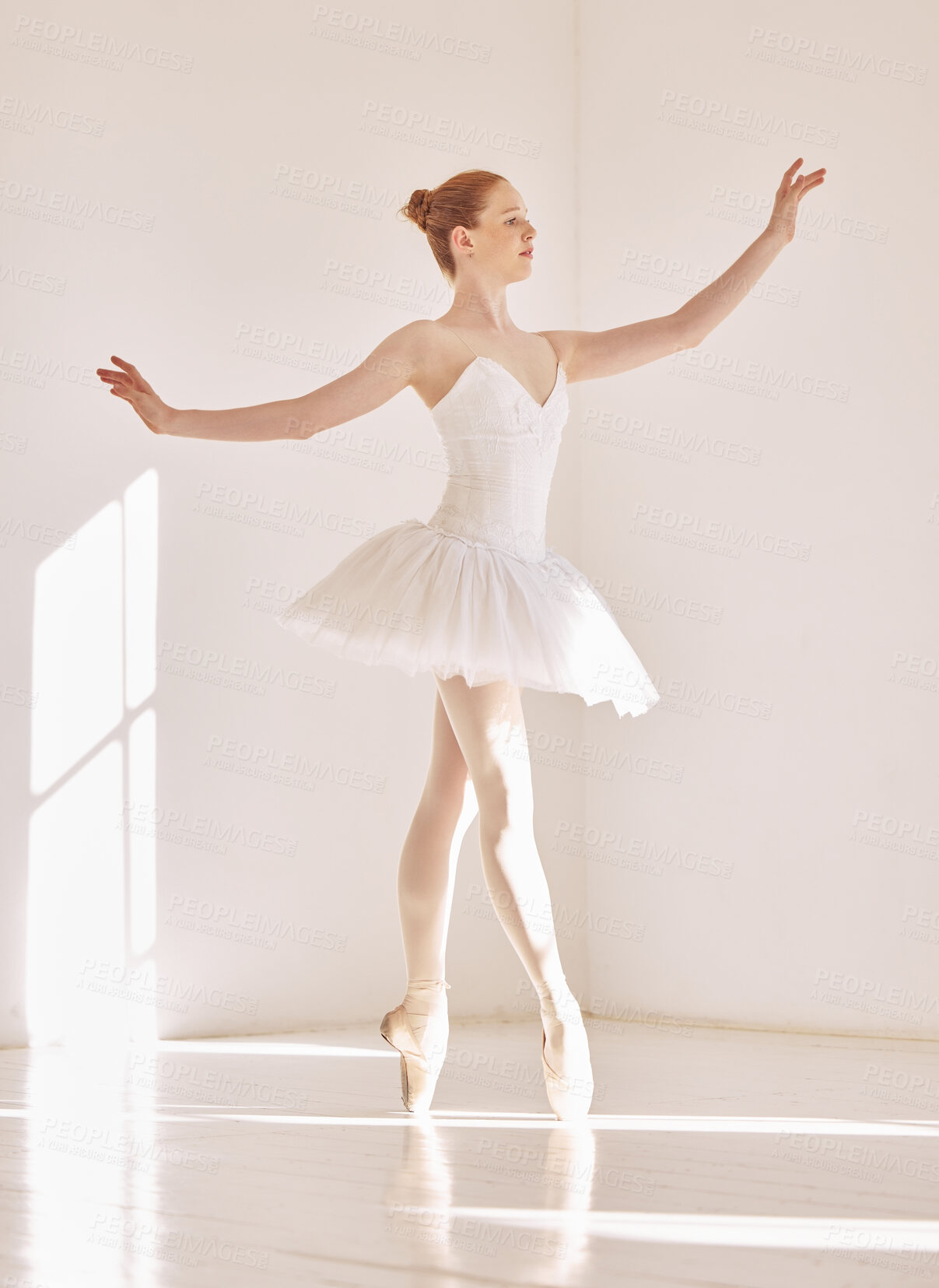 Buy stock photo Professional dancer woman in ballet dance studio, art school for performance in class with mockup white background. Young student in art school dancing in a princess fashion design with sunshine
