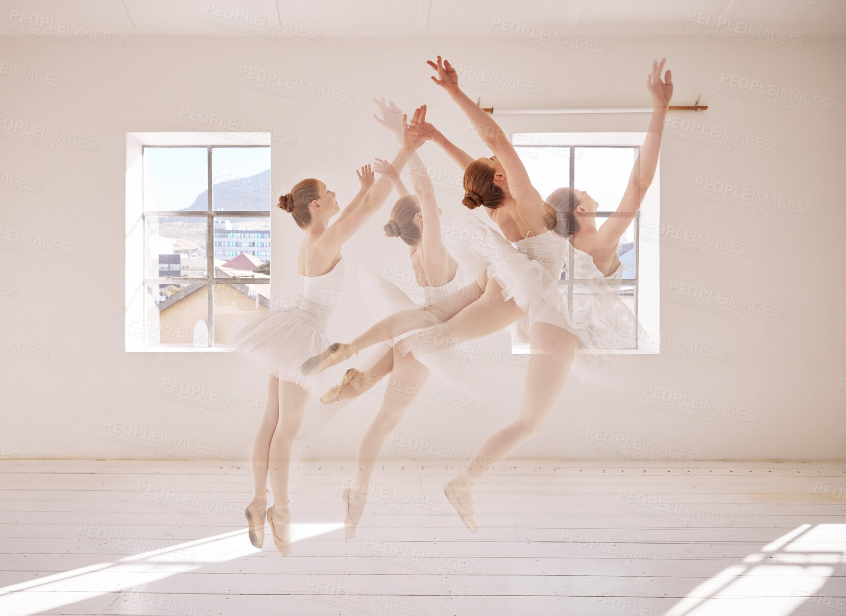 Buy stock photo Dance, ballet and dancing ballerina jumping while having an out of body experience in an art studio. Fit, elegant and classical woman dancer training alone for a creative performance in a theater.  