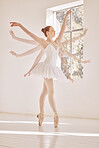 Ballet, arms and creative ballerina doing a flying spin technique in modern dance studio. Woman dancer with swan cgi training for art theater performance. Classical athlete dancing with wings motion.