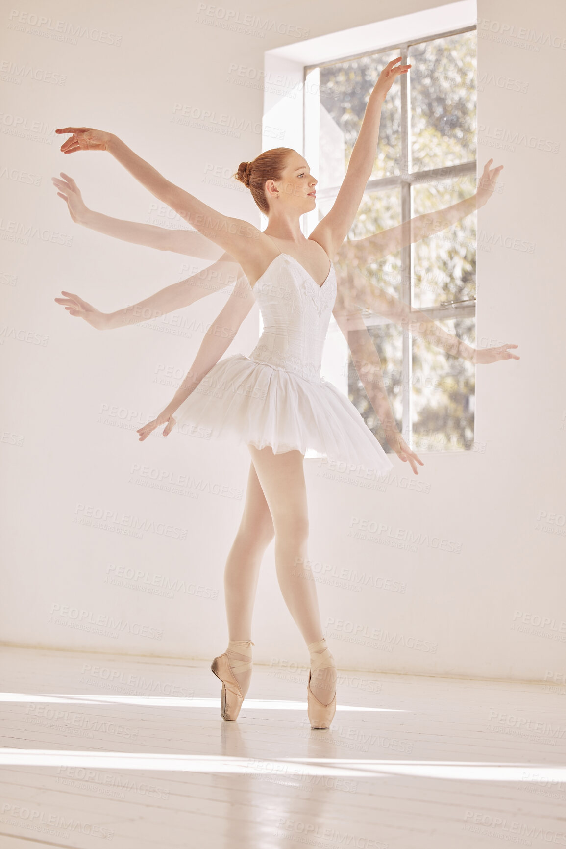Buy stock photo Ballet, arms and creative ballerina doing a flying spin technique in modern dance studio. Woman dancer with swan cgi training for art theater performance. Classical athlete dancing with wings motion.