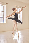 Fitness, wellness and exercise ballet dance student in studio training, workout and dancing for sport concert or event. Health, sports and athlete ballerina girl working on performance in gym.
