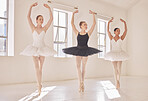 Women ballet dancers dancing or learning and training for competition in start studio while stretching. Young group or team of elegant or artist performers doing a performance in a class