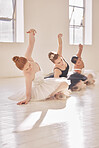 Women ballet dance, art students dancing or learning and training for competition in studio while stretching. Young diversity group, team of dancer or artist doing a performance on floor