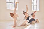Diversity women in ballet dance, art school dancing for class performance or competition and stretching on floor in studio. Young team dancer or group artist students learning in professional studio