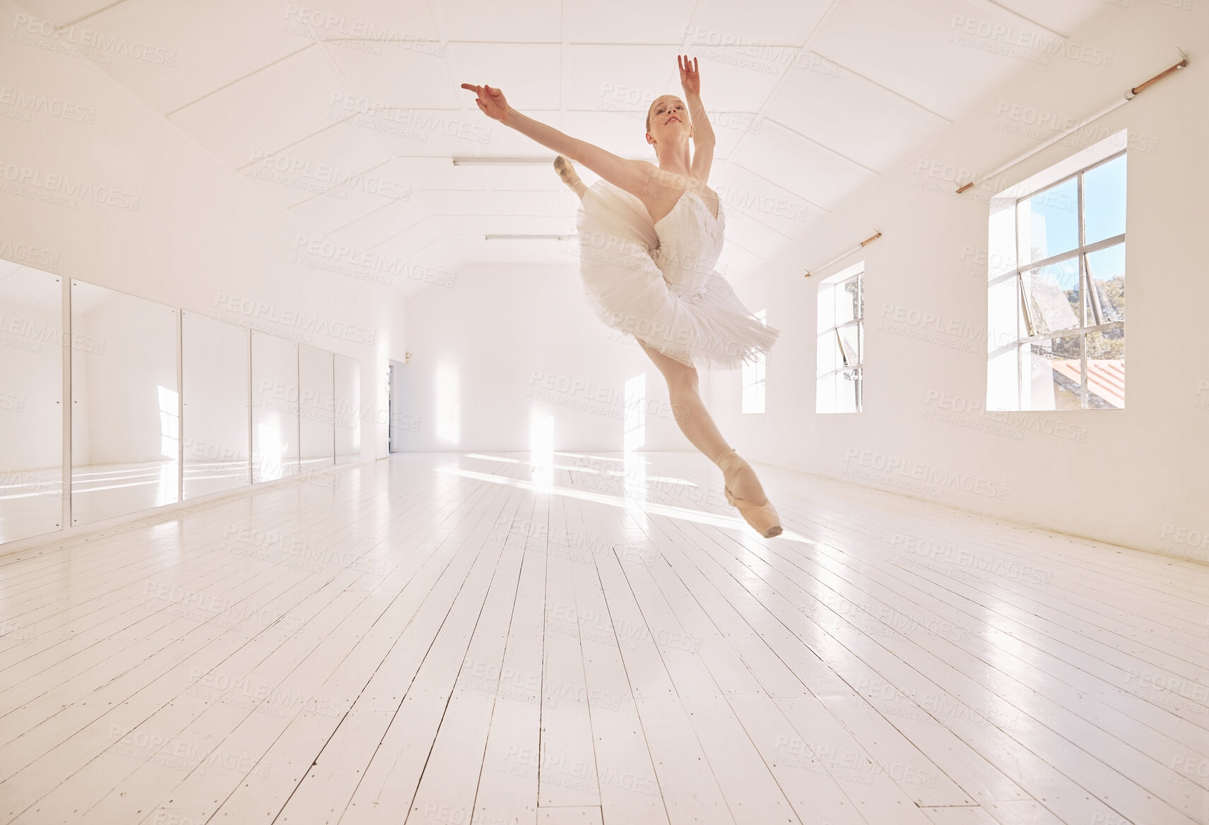 Buy stock photo Ballet dance, jump and studio dancer dancing beautiful, elegant or classic performance in theater room. Stage artist, professional theatre ballerina and creative woman with energy moving with beauty