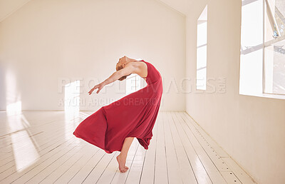 Buy stock photo Freedom, energy and ballet or ballroom dancer training in dance studio, stretching and passionate dancing. Active performance from a flexible woman practice routine rehearsal of classical expression