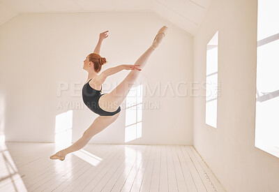 Buy stock photo Ballet, jump and performance dance studio with young student. Dancer girl with energy in isolated classroom and moving in the air. Beautiful woman ballerina with strong body and stunning posture.