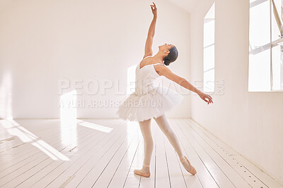 Buy stock photo Ballet dance, student and training on studio floor, gym or theater for competition, exercise or recital. Ballerina dancer, creative and fitness workout performance or love for art at school academy.
