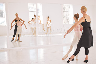 Buy stock photo Ballet, student and teacher in dance studio training and motivation support looking in mirror at girl dancer. Creative, school and dancing center with kids learning elegant and artistic 
