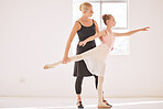 Ballet teacher teaching a student in a dance class or studio at an art school for coaching or learning. Young girl ballerina or dancer training, stretching and practicing with support from a coach