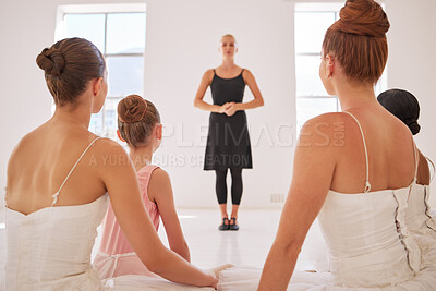 Buy stock photo Ballet teacher, woman coach teaching or coaching students dancer in professional studio class in art school. Motivation, trust and leadership artist in creative education speaking to group of women