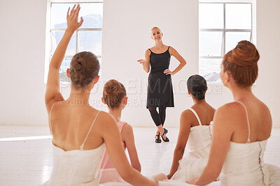 Buy stock photo Ballet dance class, coach teaching or coaching and women learning professional dance in a studio. Young artist or girl students in training for a performance with dancing teacher