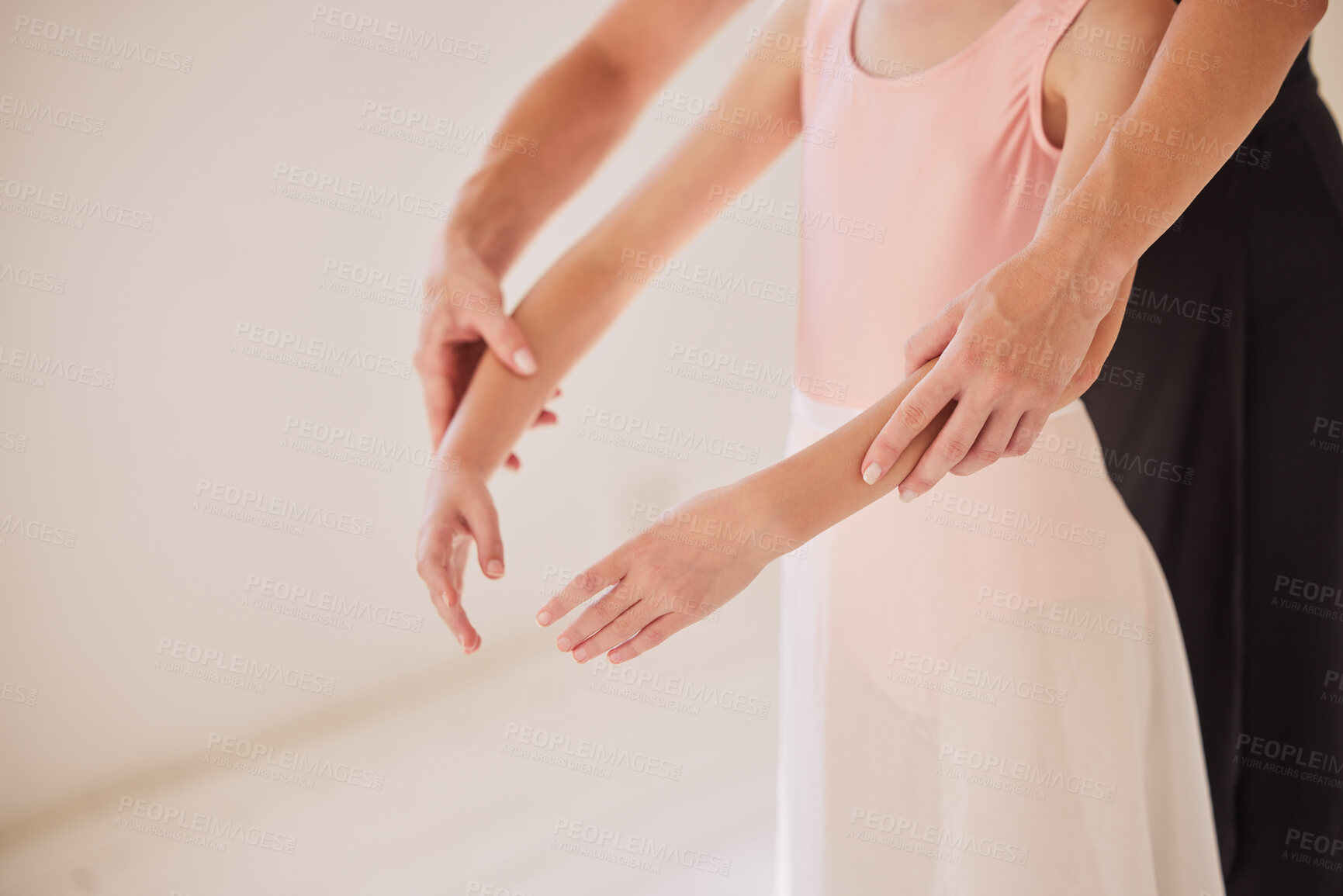 Buy stock photo Dance, art and ballet teacher with girl ballerina practicing posture in a creative studio. Child classical dancer training with an instructor for a recital show. Elegant student dancing at a school.