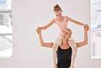 Learning, development and ballet teacher bonding with her student, having fun and being playful in a studio. Young caring instructor teaching girl posture and balance with fun game, dance rehearsal