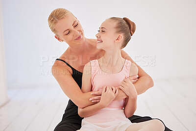 Buy stock photo Love, trust and support of a ballet teacher and girl in dance academy with mockup white background. Young happy student child smile at her coach during her dancing training in a studio together