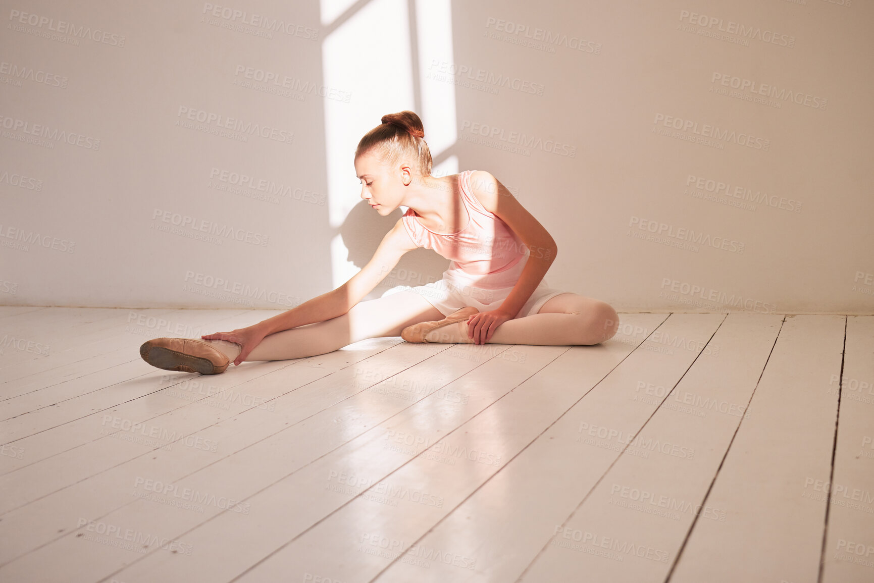 Buy stock photo Ballet girl, stretching and learning dance form with ballerina student before theatre performance or training at academy school. Education, passion and classic art dancer during practice exercise