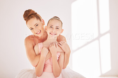 Buy stock photo Portrait ballet teacher and child hug in studio with happy smile and support after training. Happy woman and girl after learning dance and creative theater art after practice lesson or training