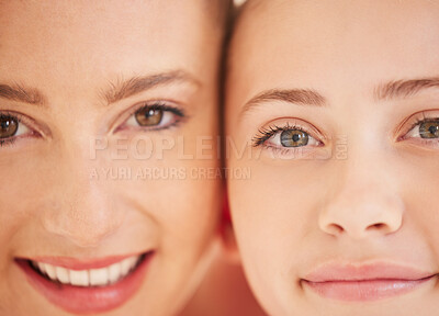 Buy stock photo Family, mother and girl child feeling happy and showing sweet smile while standing together. Adoption, relationship and love of a caring mom with her child. Close up of eyes and faces of good dna 
