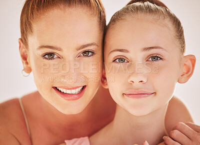 Buy stock photo Portrait of ballet teacher with student, teaching a dance class and learning performance at a studio. Face of ballerina dancer with smile in creative dancing school for training with talent coach
