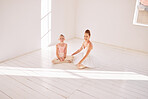 Portrait of happy ballet teacher and student in a dance studio with a smile and a break at practice, training in classroom. Creative girl dancer and woman professional ballerina after dancing lesson