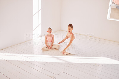 Buy stock photo Portrait of happy ballet teacher and student in a dance studio with a smile and a break at practice, training in classroom. Creative girl dancer and woman professional ballerina after dancing lesson