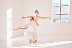 Fitness, support and ballet teacher training ballerina, helping with posture and balance in a dance studio. Flexible girl practice routine for elegant and classic performance, bonding in rehearsal