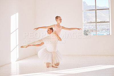 Buy stock photo Fitness, support and ballet teacher training ballerina, helping with posture and balance in a dance studio. Flexible girl practice routine for elegant and classic performance, bonding in rehearsal