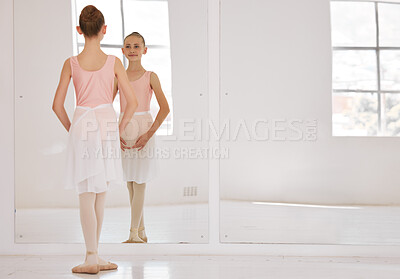 Buy stock photo Young ballet dancer dancing in studio, doing dance performance before competition and learning creative sport in mirror at school. Girl ballerina training her balance and child in start position